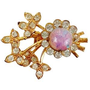 Small VTG Mid Century Faux Opal Rhinestone Floral Brooch Pink Flower Spray Pin